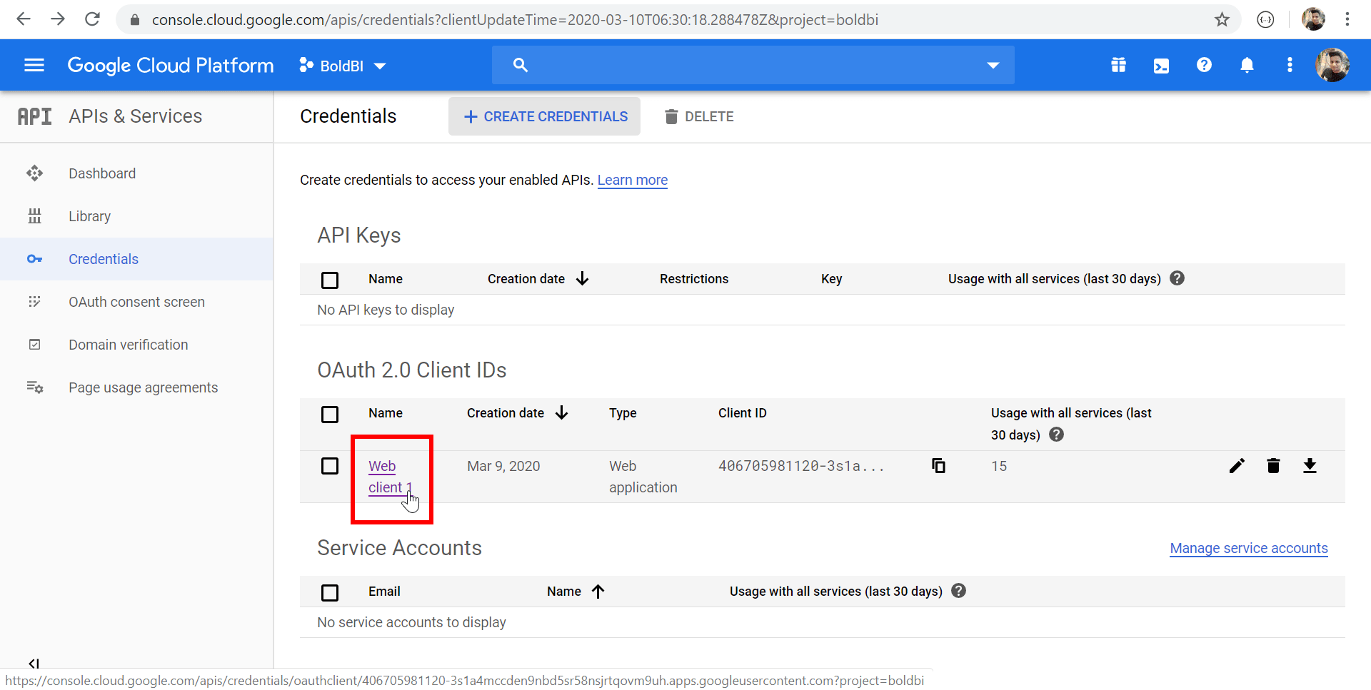 Google BigQuery Credentials Page Open