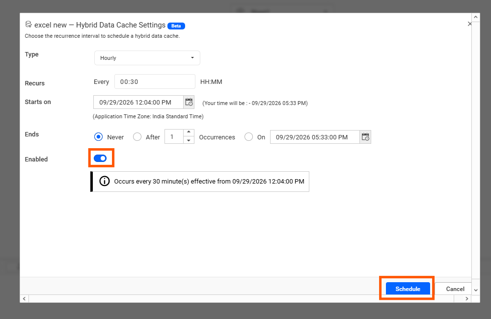 Data Cache Schedule window