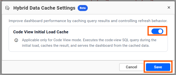 Hybrid Data Cache settings for Live mode