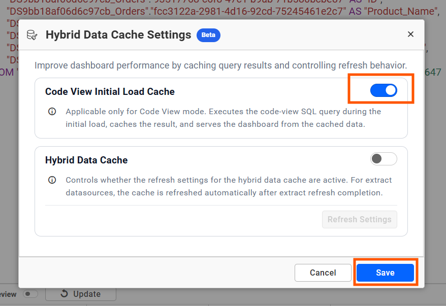Hybrid Data Cache settings for Live mode