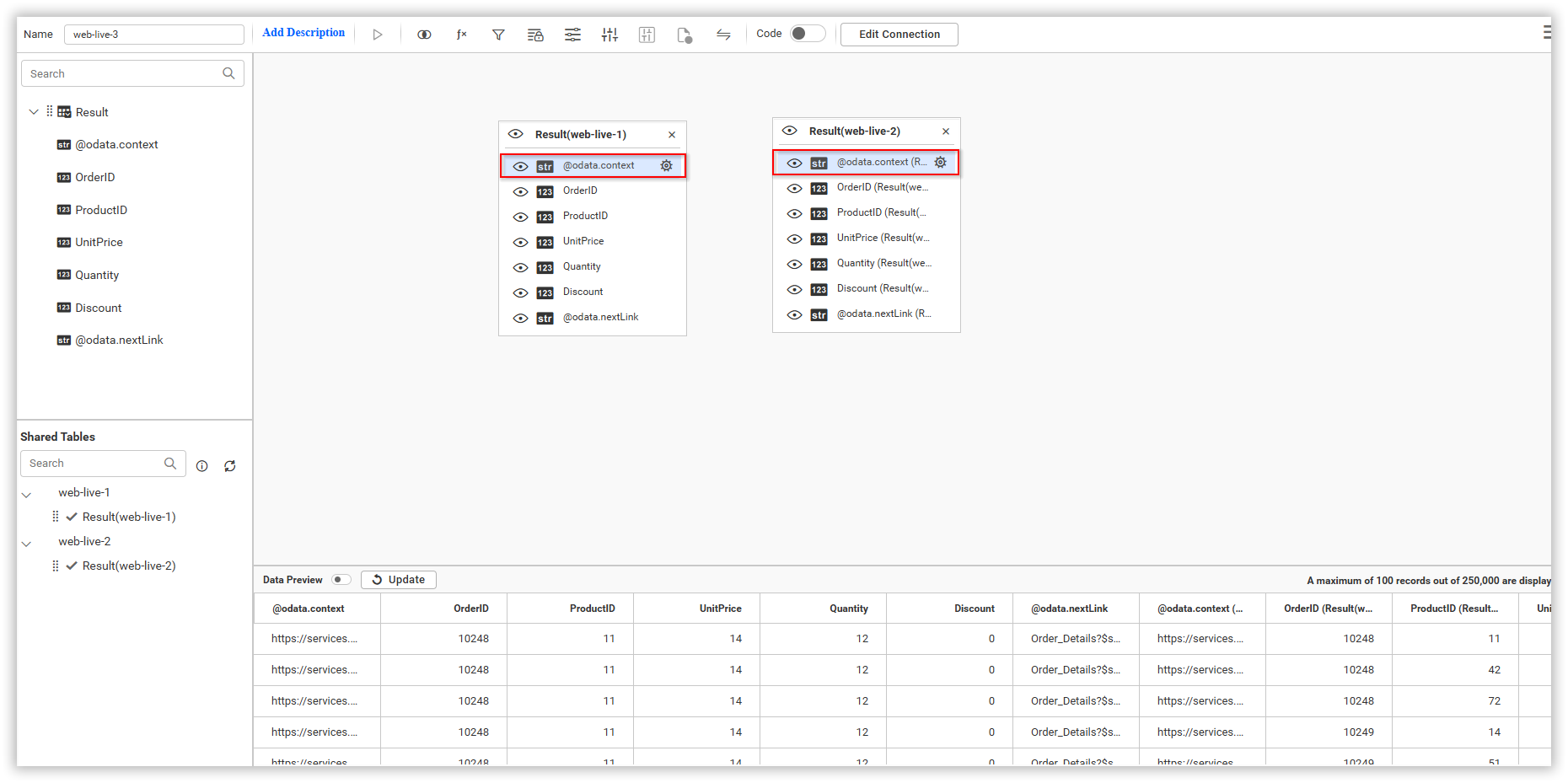 Shared Tables result view