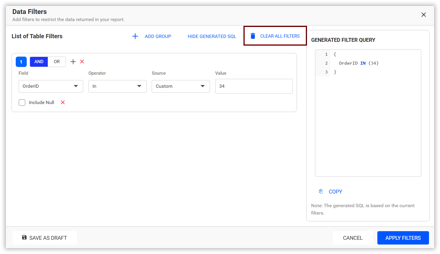 Delete filter condition