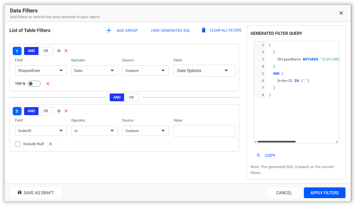 Selected filters condition