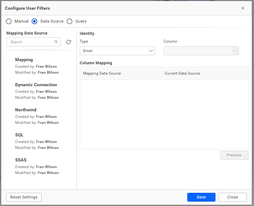 User Filter Data Source